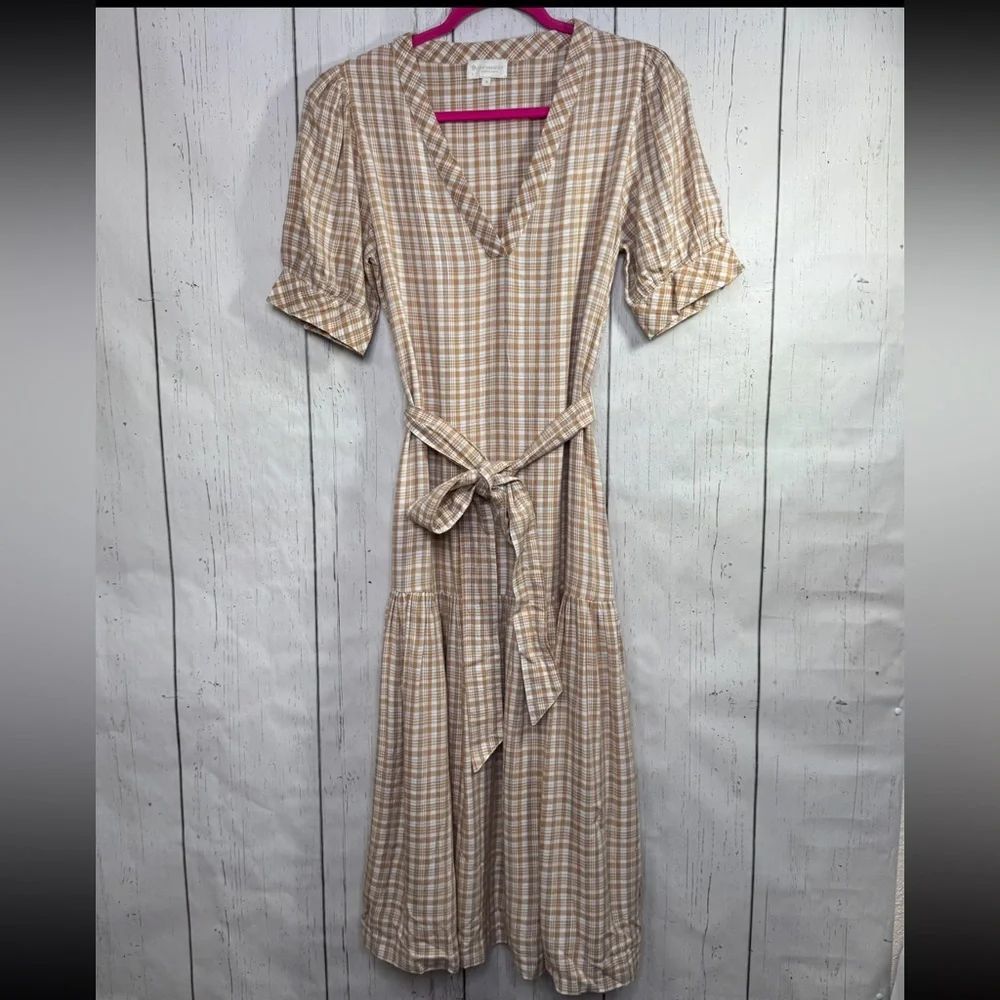 The Westside Tan Plaid Belted Midi Dress M Coastal Cowgirl Boho Cottagecore